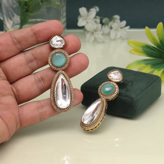 Elegant Pista Green Color American Diamond Earrings With Sparkling Floral Design