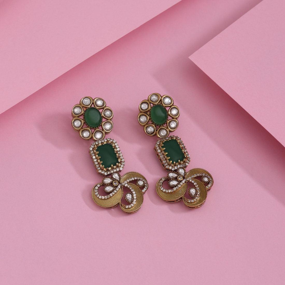 Green Color American Diamond Earrings With Diamond Finish And Modern Charm