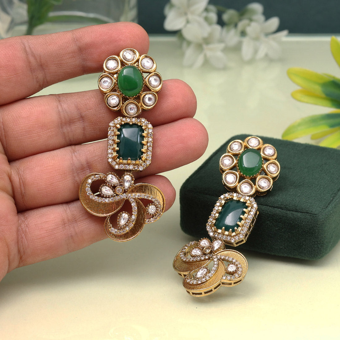 Green Color American Diamond Earrings With Diamond Finish And Modern Charm