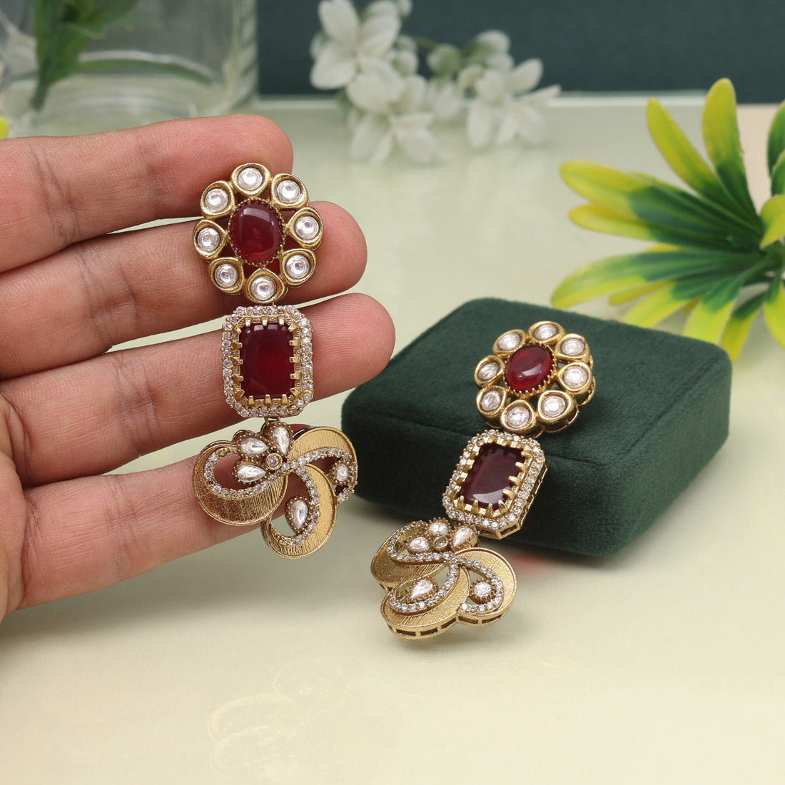 Bold Maroon Color American Diamond Earrings With A Vintage Statement