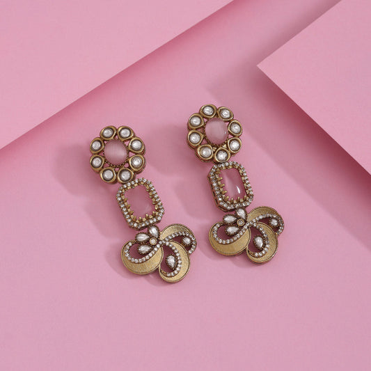 Pink Color American Diamond Earrings In Floral Style For Wedding Wear