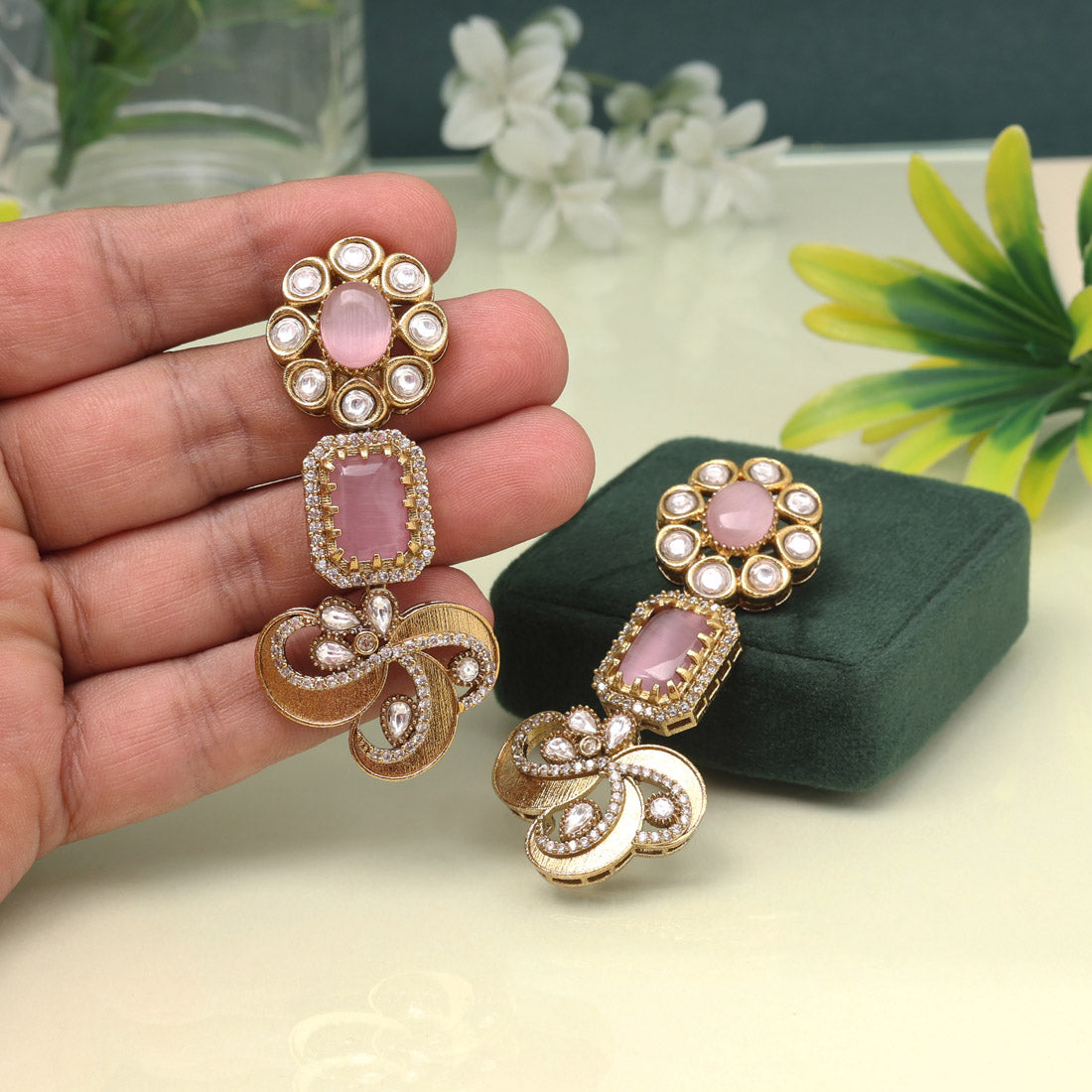 Pink Color American Diamond Earrings In Floral Style For Wedding Wear