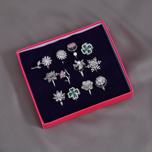 Assorted Color American Diamond Finger Ring Combo Of 12 Pieces (ADR101CMB)