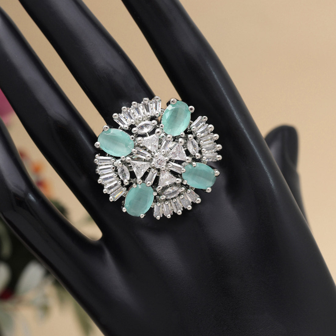 Pista Green Color American Diamond Finger Ring (ADR569PGRN)