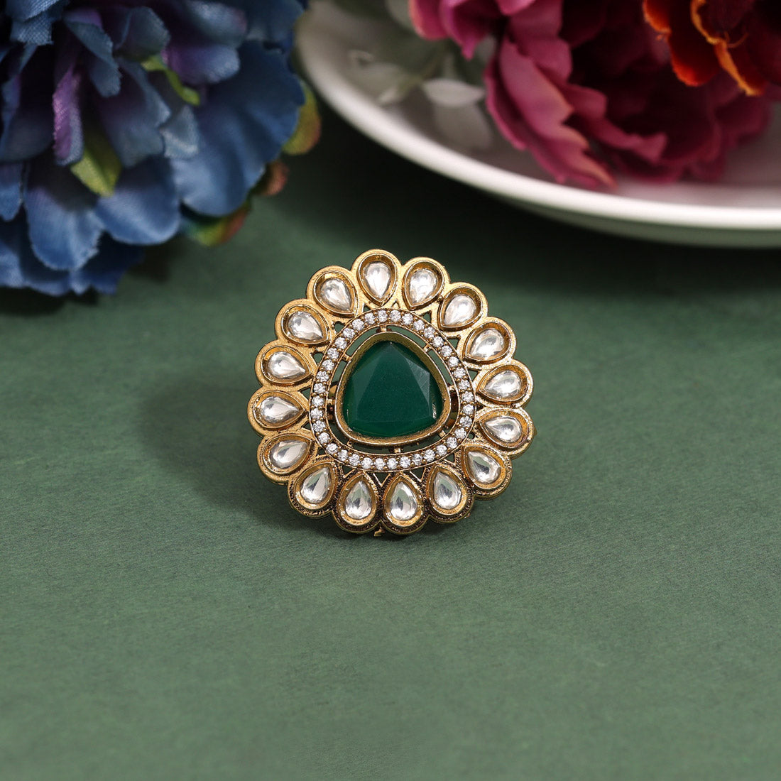 Green Color American Diamond Finger Ring (ADR617GRN)
