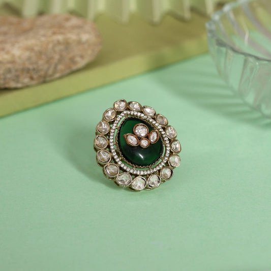 Green Color Handmade Premium Quality Brass Metal Moissanite Stone Jaipur Finger Rings (ADR622GRN)