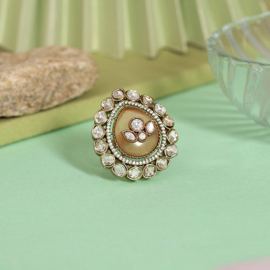Peach Color Handmade Premium Quality Brass Metal Moissanite Stone Jaipur Finger Rings (ADR622PCH)