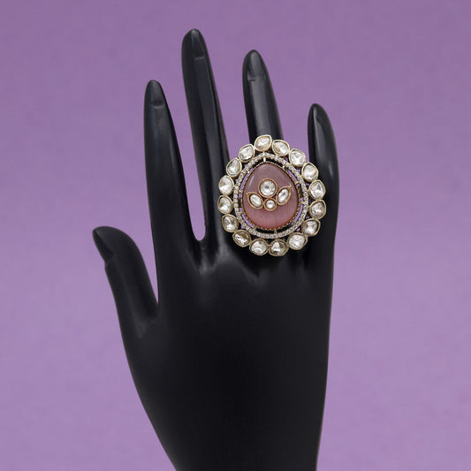 Pink Color Handmade Premium Quality Brass Metal Moissanite Stone Jaipur Finger Rings (ADR622PNK)