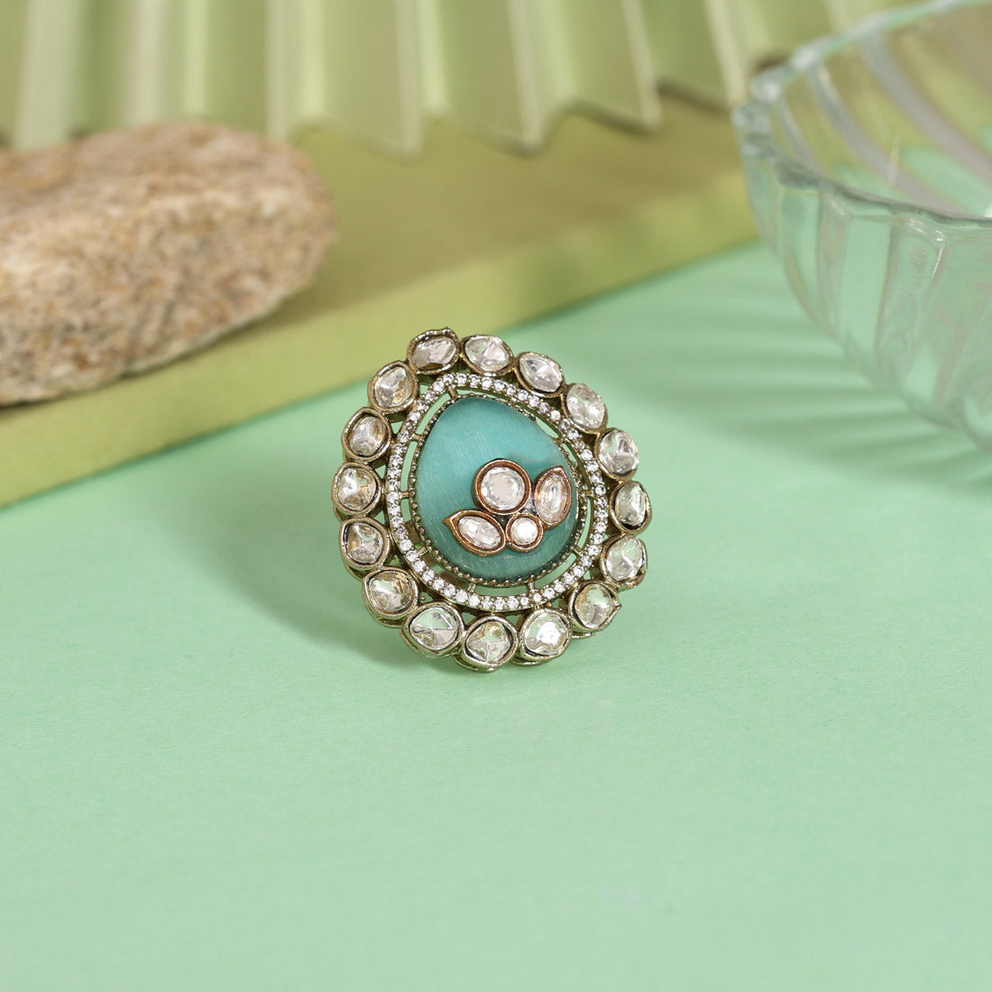 Sky Blue Color Handmade Premium Quality Brass Metal Moissanite Stone Jaipur Finger Rings (ADR622SBLU)