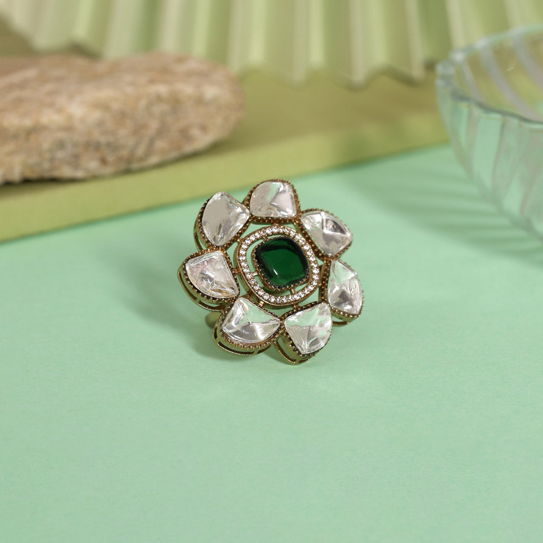 Green Color Handmade Premium Quality Brass Metal Moissanite Stone Jaipur Finger Rings (ADR623GRN)