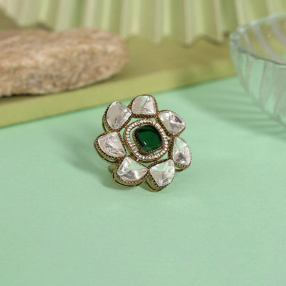 Green Color Handmade Premium Quality Brass Metal Moissanite Stone Jaipur Finger Rings (ADR623GRN)