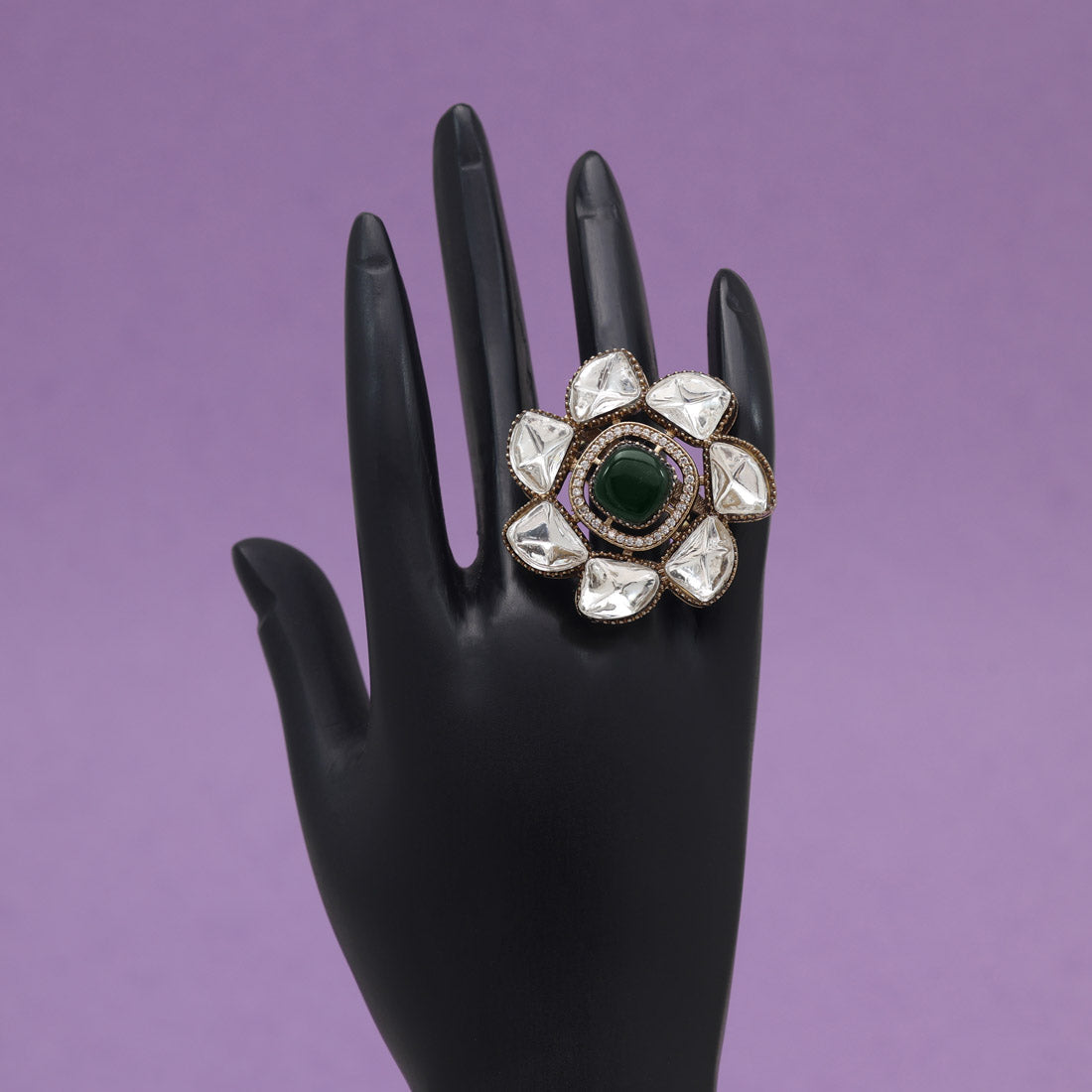 Green Color Handmade Premium Quality Brass Metal Moissanite Stone Jaipur Finger Rings (ADR623GRN)