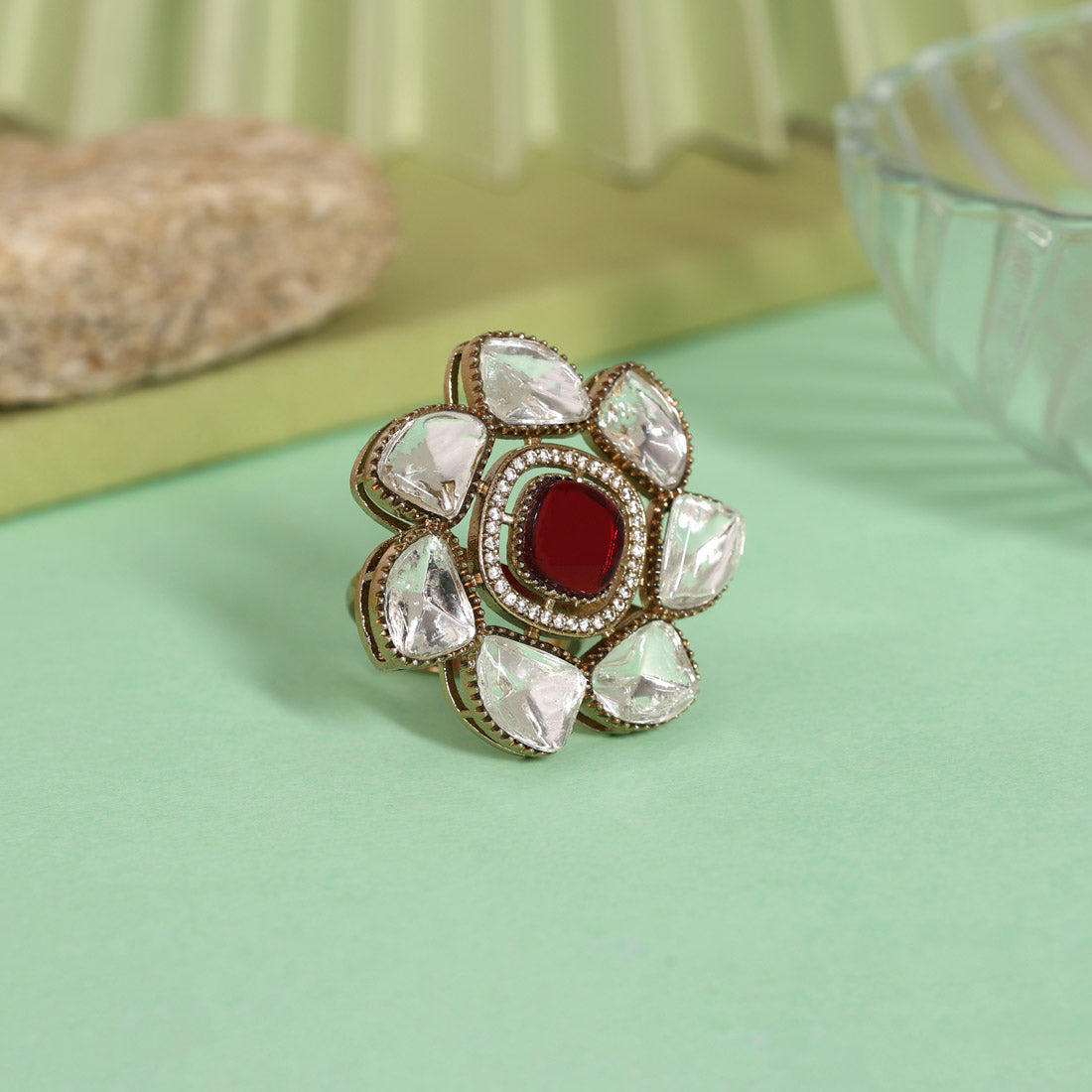 Maroon Color Handmade Premium Quality Brass Metal Moissanite Stone Jaipur Finger Rings (ADR623MRN)