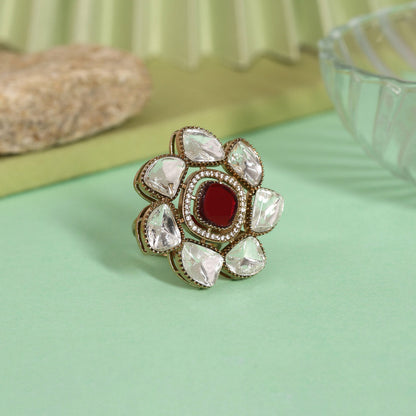 Maroon Color Handmade Premium Quality Brass Metal Moissanite Stone Jaipur Finger Rings (ADR623MRN)