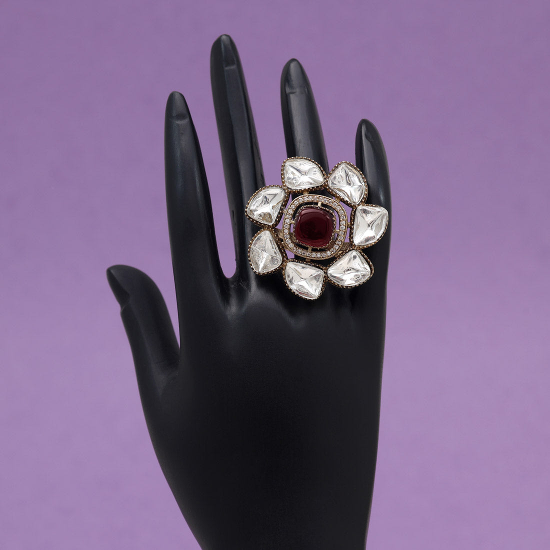 Maroon Color Handmade Premium Quality Brass Metal Moissanite Stone Jaipur Finger Rings (ADR623MRN)