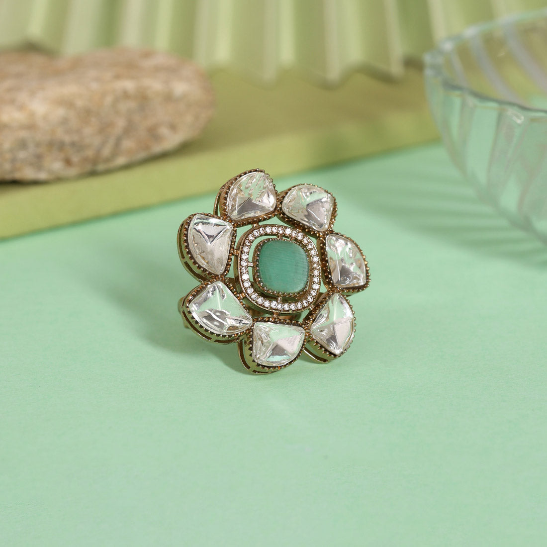 Pista Green Color Handmade Premium Quality Brass Metal Moissanite Stone Jaipur Finger Rings (ADR623PGRN)