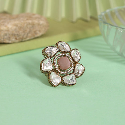 Pink Color Handmade Premium Quality Brass Metal Moissanite Stone Jaipur Finger Rings (ADR623PNK)