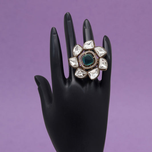 Rama Green Color Handmade Premium Quality Brass Metal Moissanite Stone Jaipur Finger Rings (ADR623RGRN)