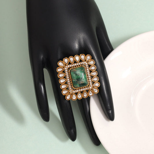Fresh Green Color American Diamond Finger Ring With Intricate Stone Setting