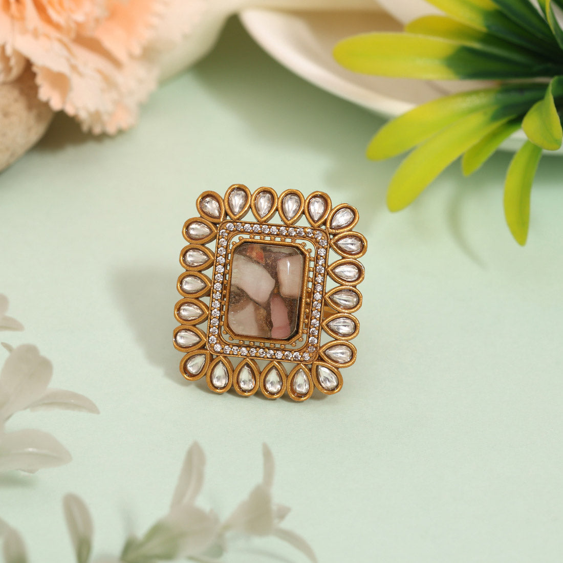 Soft Pink Color American Diamond Finger Ring With Sparkling Stone Design