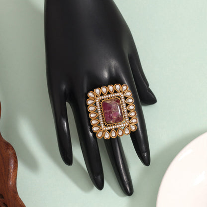 Gorgeous Rani Color American Diamond Finger Ring For Evening Celebrations