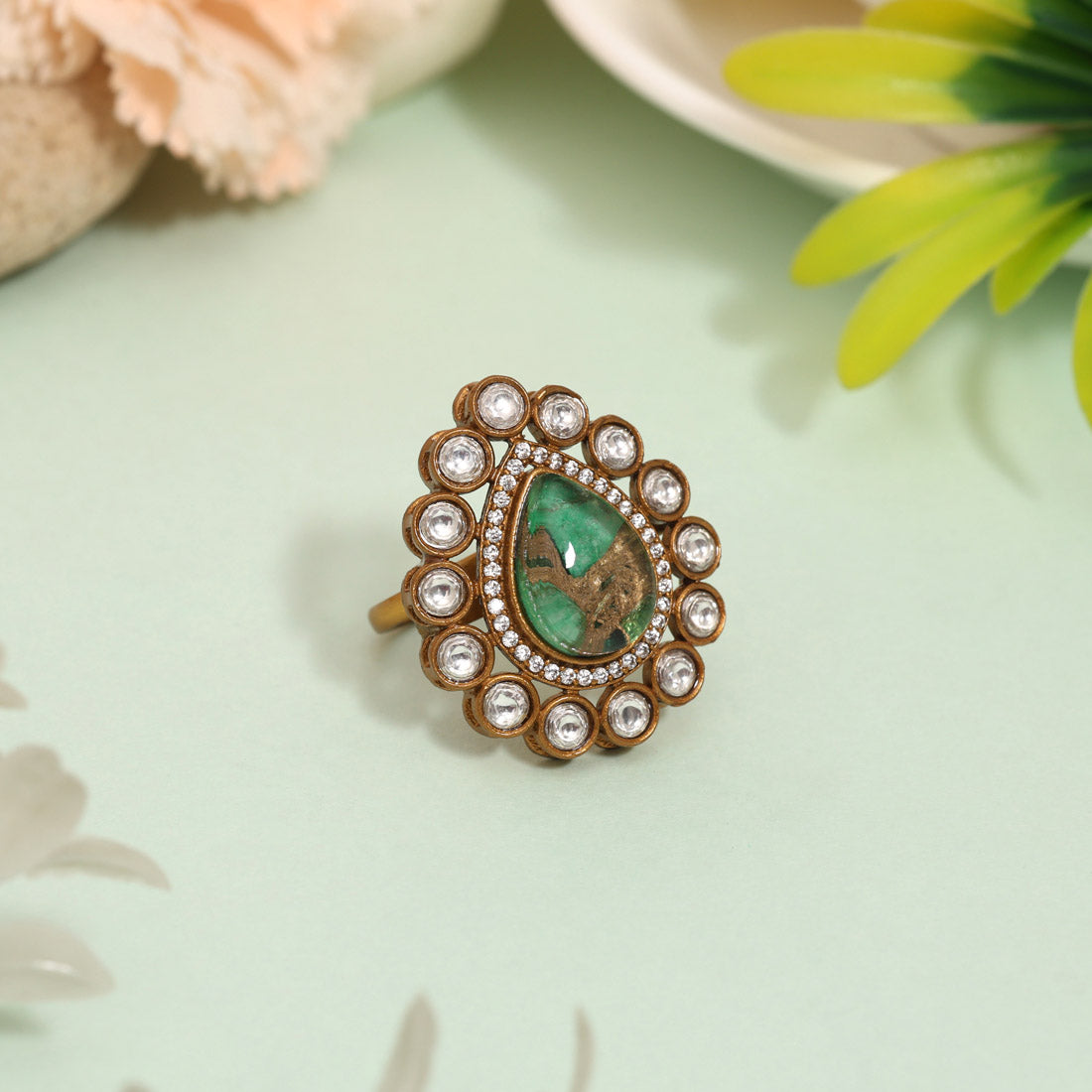 Vibrant Green Color American Diamond Finger Ring For Trendy Styling