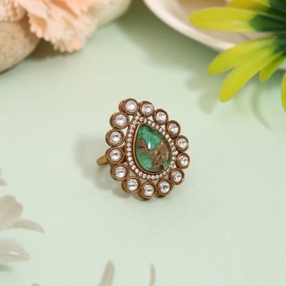 Vibrant Green Color American Diamond Finger Ring For Trendy Styling
