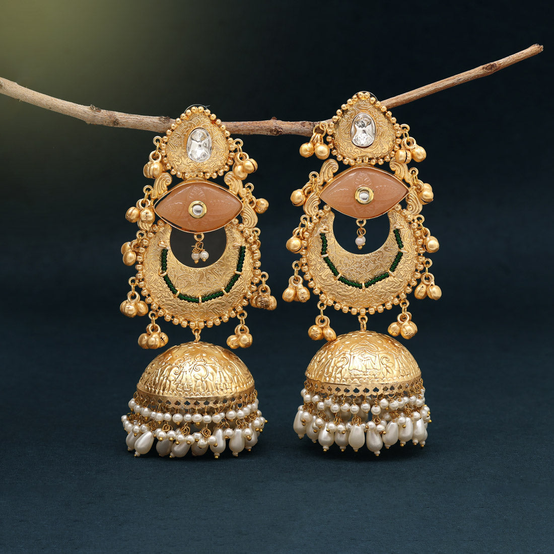 Peach Color Handmade In Jaipur On Brass Metal With Carving Stone Amrapali Earrings (AMPE441PCH)