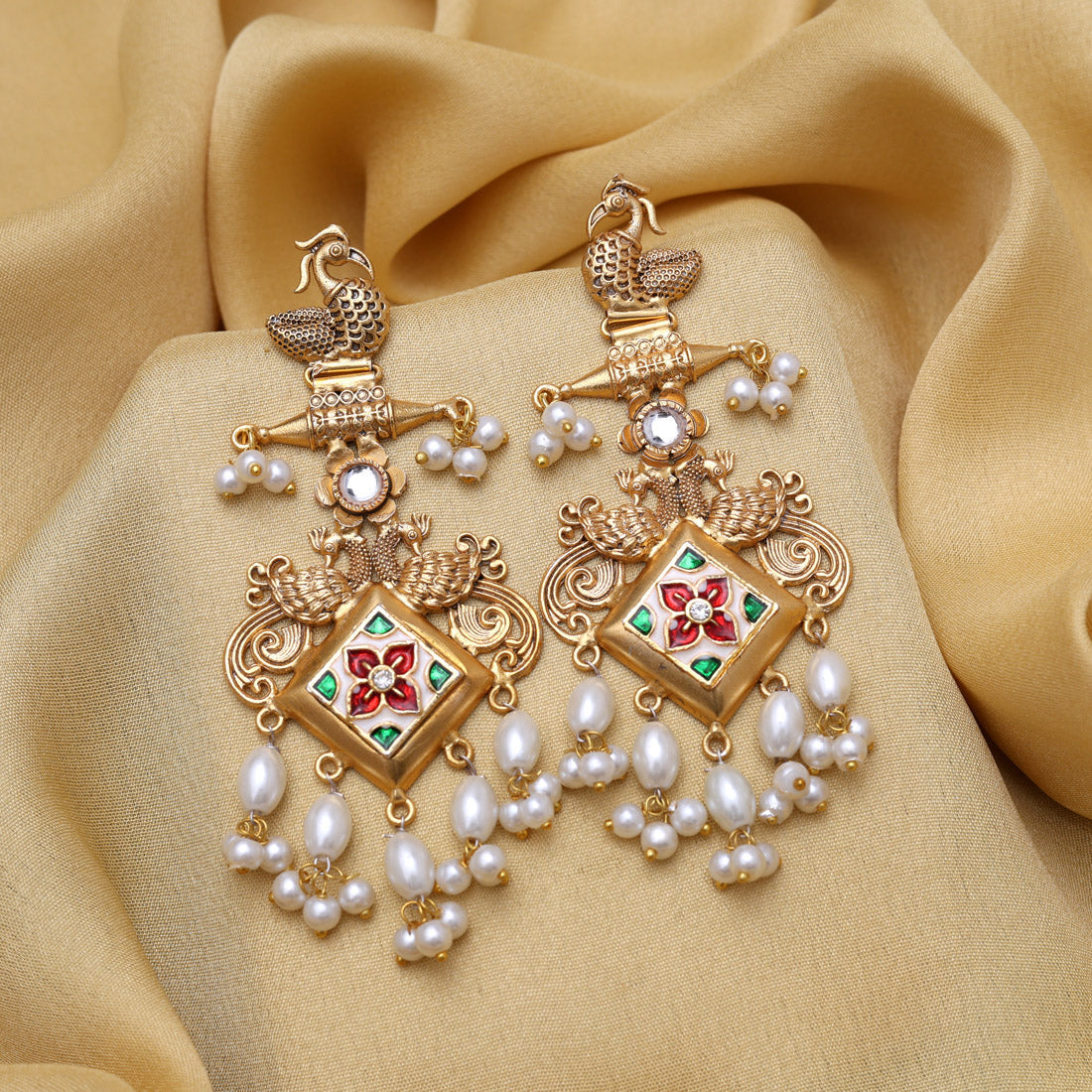 Multi Color Handmade In Jaipur On Brass Metal With Moissanite Kundan Amrapali Earrings (AMPE444MLT)