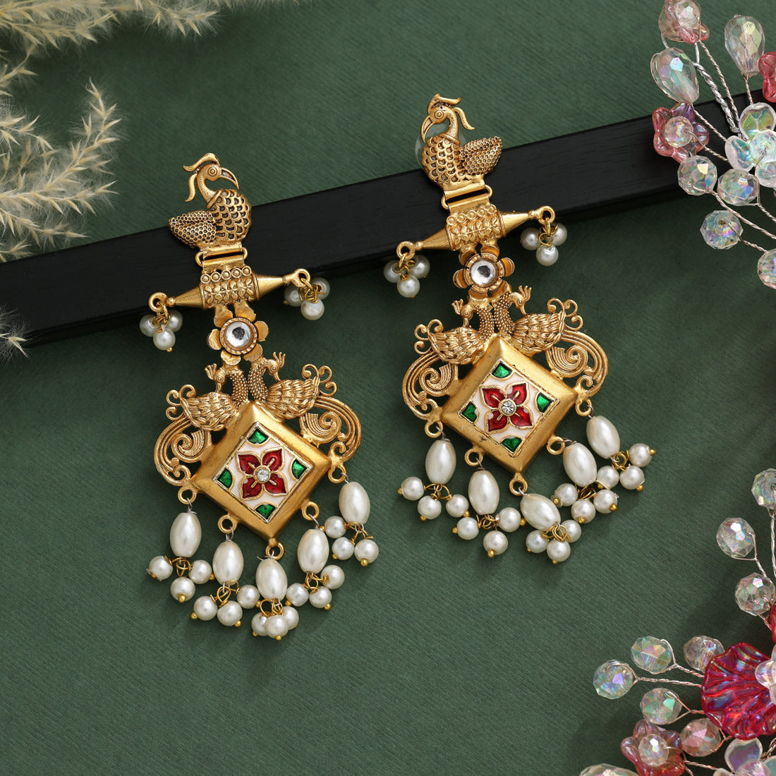 Multi Color Handmade In Jaipur On Brass Metal With Moissanite Kundan Amrapali Earrings (AMPE444MLT)