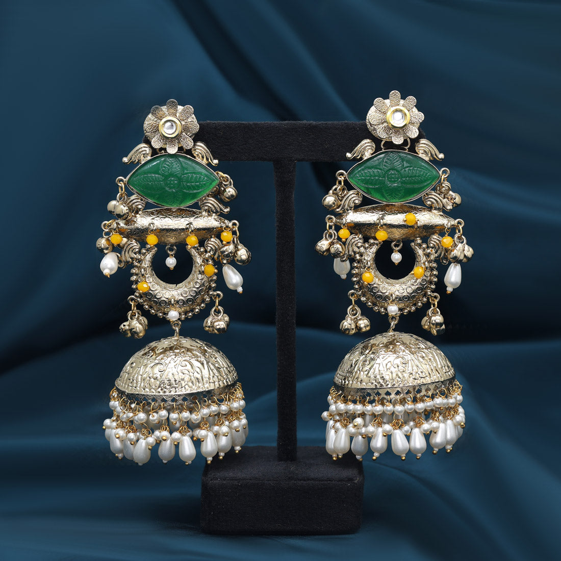 Green Color Handmade In Jaipur On Brass Metal With Carving Stone Amrapali Earrings (AMPE445GRN)