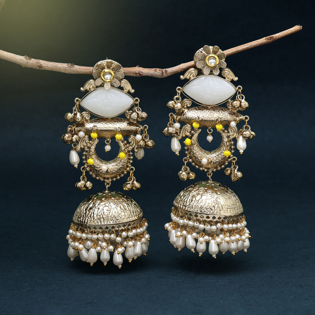 White Color Handmade In Jaipur On Brass Metal With Carving Stone Amrapali Earrings (AMPE445WHT)