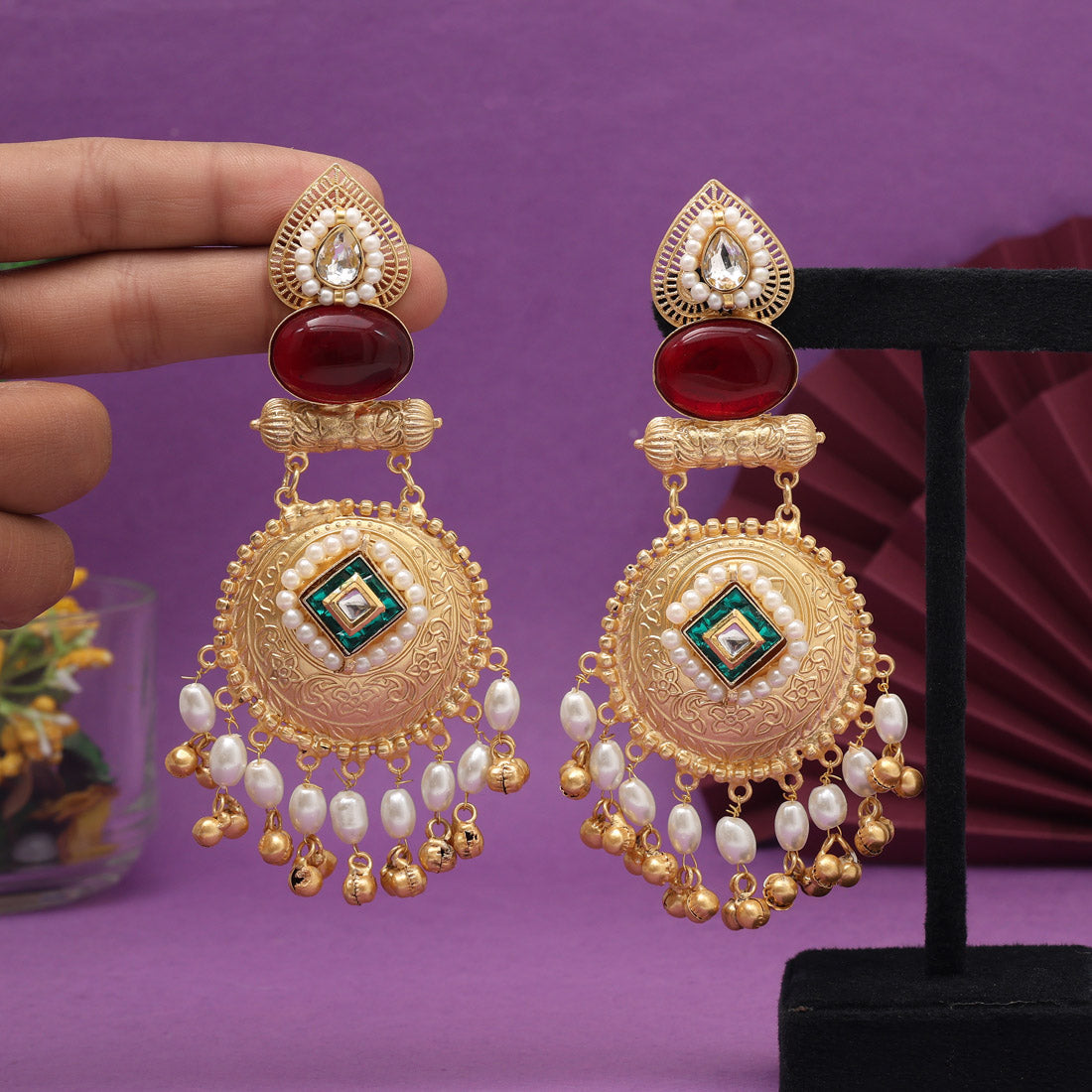 Maroon Color Handmade Premium Quality Brass Earrings of Jaipur (AMPE446MRN)