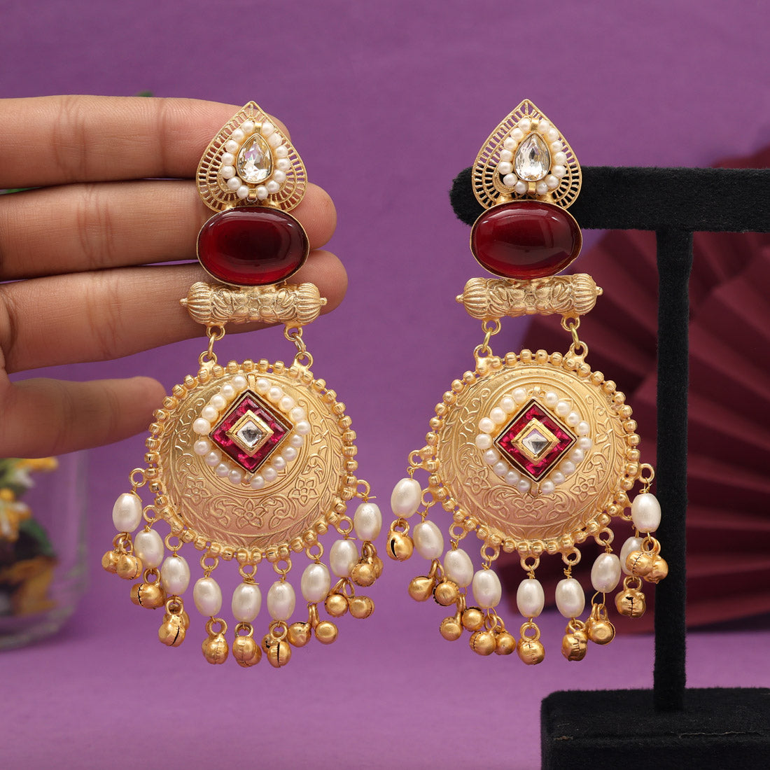 Maroon Color Handmade Premium Quality Brass Earrings of Jaipur (AMPE447MRN)