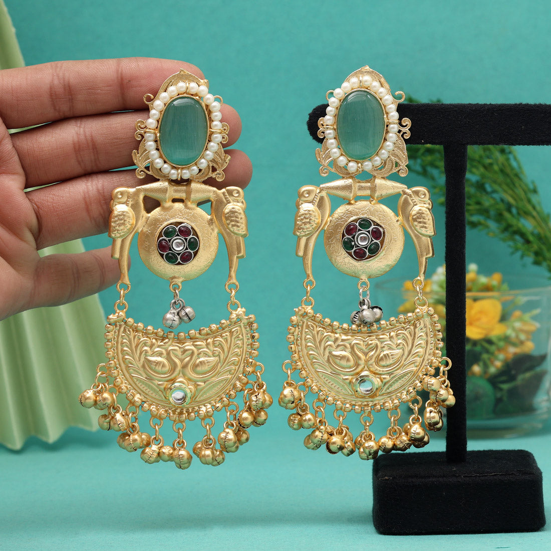 Pista Green Color Premium Monalisa Stone Brass Earrings of Jaipur (AMPE448PGRN)