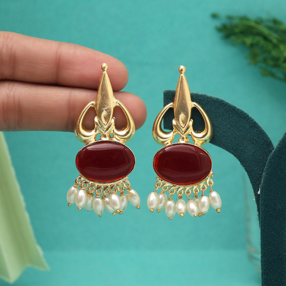 Red Color Beautiful Monalisa Stone Exclusive Quality Handmade Jaipur Earrings (AMPE450RED)
