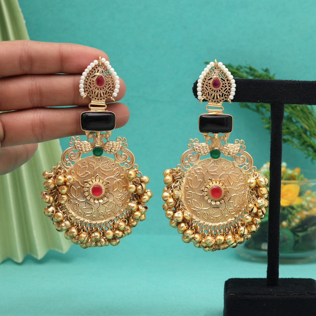 Black Color Unique Designs Jaipur Handmade Premium Brass Earrings with Monalisa Stones (AMPE451BLK)