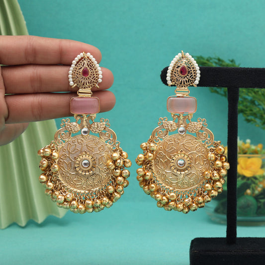 Pink Color Unique Designs Jaipur Handmade Premium Brass Earrings with Monalisa Stones (AMPE451PNK)