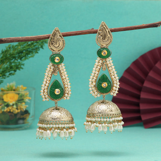 Green Color Big Size Jhumka Unique Designs Jaipur Handmade Premium Brass Earrings with Monalisa Stones (AMPE452GRN)