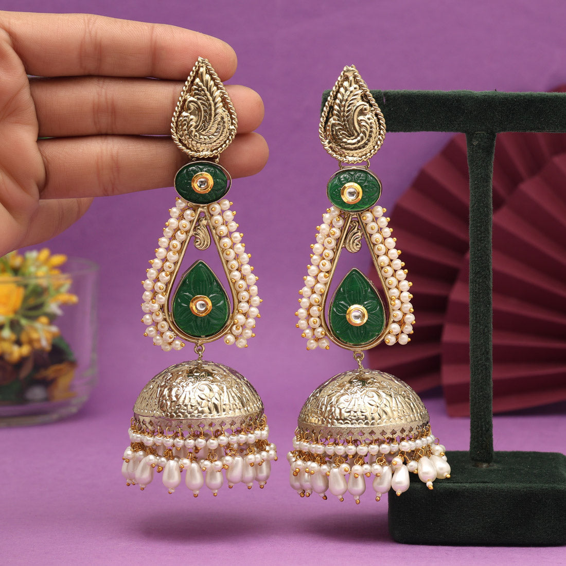 Green Color Big Size Jhumka Unique Designs Jaipur Handmade Premium Brass Earrings with Monalisa Stones (AMPE452GRN)