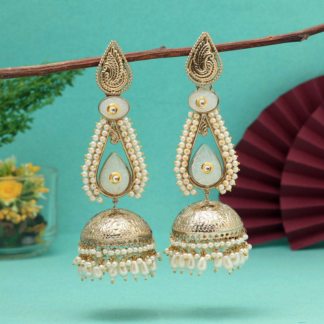 Off White Color Big Size Jhumka Unique Designs Jaipur Handmade Premium Brass Earrings with Monalisa Stones (AMPE452OWHT)
