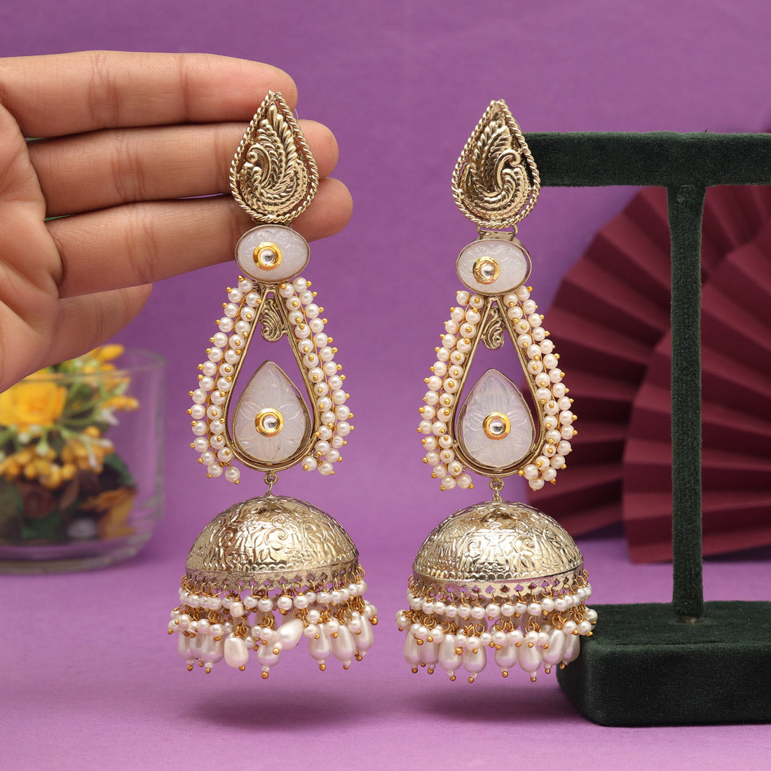Off White Color Big Size Jhumka Unique Designs Jaipur Handmade Premium Brass Earrings with Monalisa Stones (AMPE452OWHT)