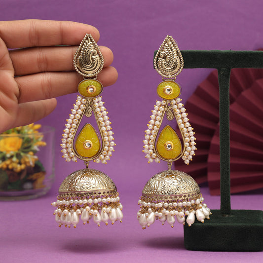 Yellow Color Big Size Jhumka Unique Designs Jaipur Handmade Premium Brass Earrings with Monalisa Stones (AMPE452YLW)