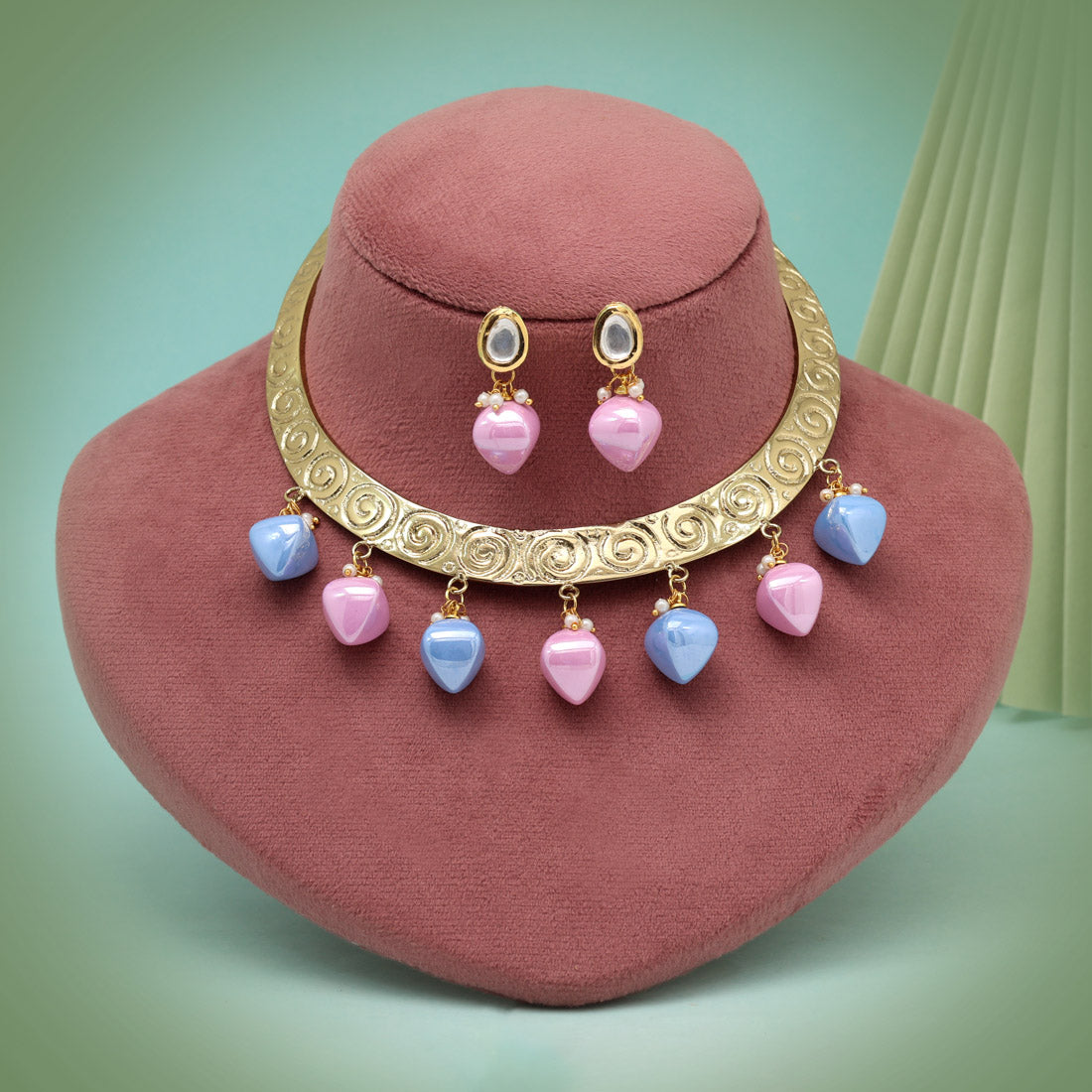 Pink & Sky Blue Color Handmade In Jaipur On Brass Metal With Tumble Stones & Apala Polish Necklaces (AMPN156PNKSBLU)
