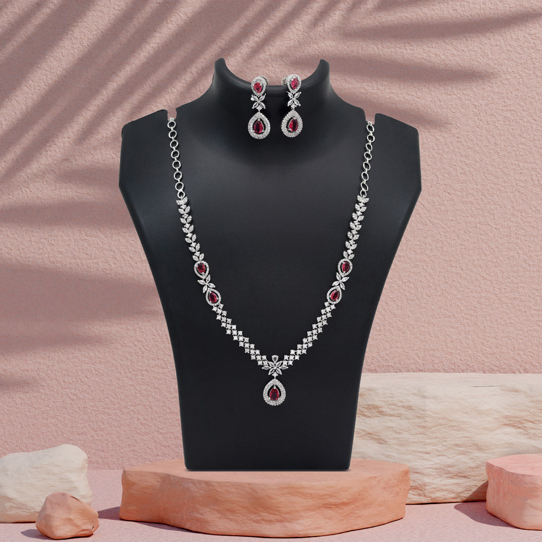 Ruby Color American Diamond Necklace Set (CZN1034RUBY)