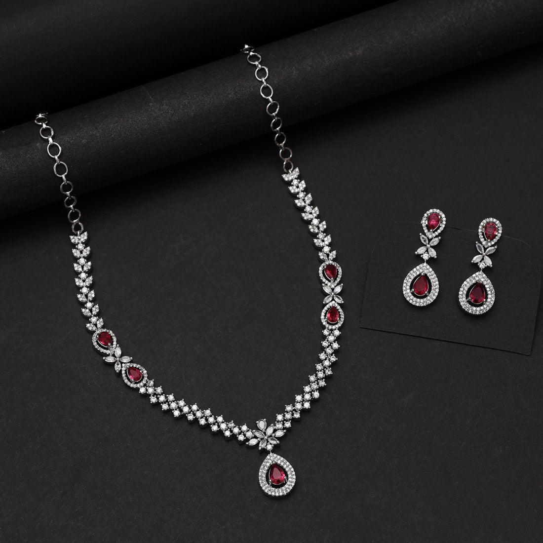 Ruby Color American Diamond Necklace Set (CZN1034RUBY)