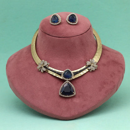 Blue Color Unique Handmade Brass Metal With Monalisa Stones & American Diamond Apala Polish Hasli Necklace Of Jaipur (CZN1059BLU)