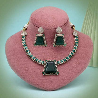 Green Color Unique Handmade Brass Metal With Monalisa Stones & American Diamond Apala Polish Necklace Of Jaipur (CZN1060GRN)