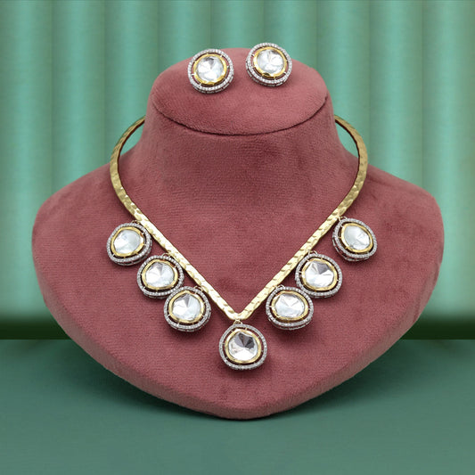 White Color Unique Handmade Brass Metal With Moissanite Kundan Apala Polish Hasli Necklace Of Jaipur (CZN1062WHT)