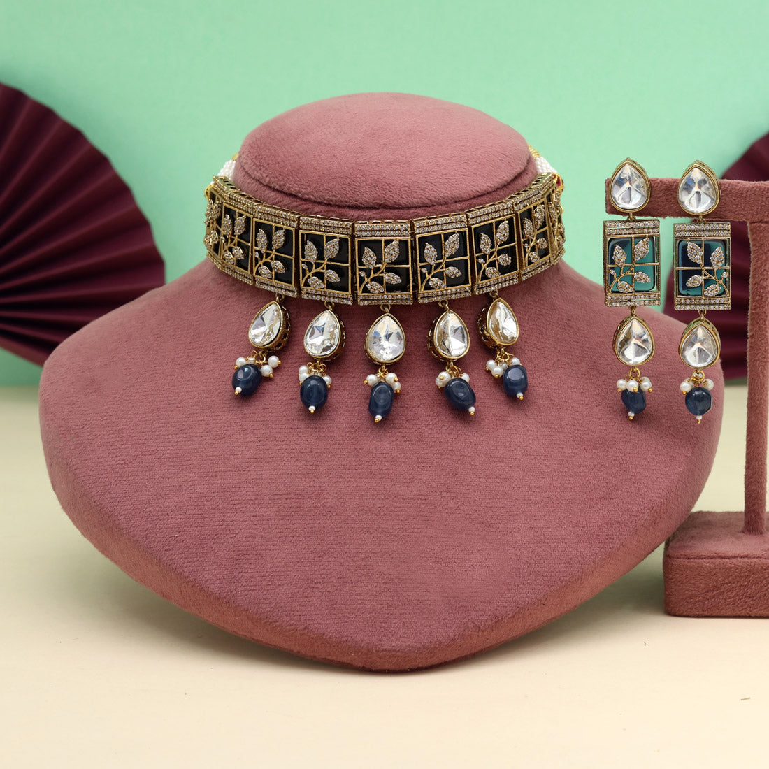 Blue Color Unique Brass Choker Necklace With Ad And Moissanite Stone (CZN1065BLU)
